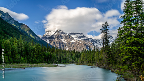 Long Exposure of the Robson River and a Cloud Covered Mount Robson, the highest peak in the Canadian Rockies, British Columbia, Canada