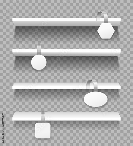 Shelves with wobblers. Empty supermarket showcase display with advertising danglers. Realistic promotional wobbler on shelf vector mockups. Square, oval, hexagonal and round hanging tags