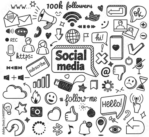 Social media doodles. Hand drawn internet and network sketch symbols. Digital marketing, blogging, online communication doodle sign vector set. Message or chat icons with sta, cloud, smile