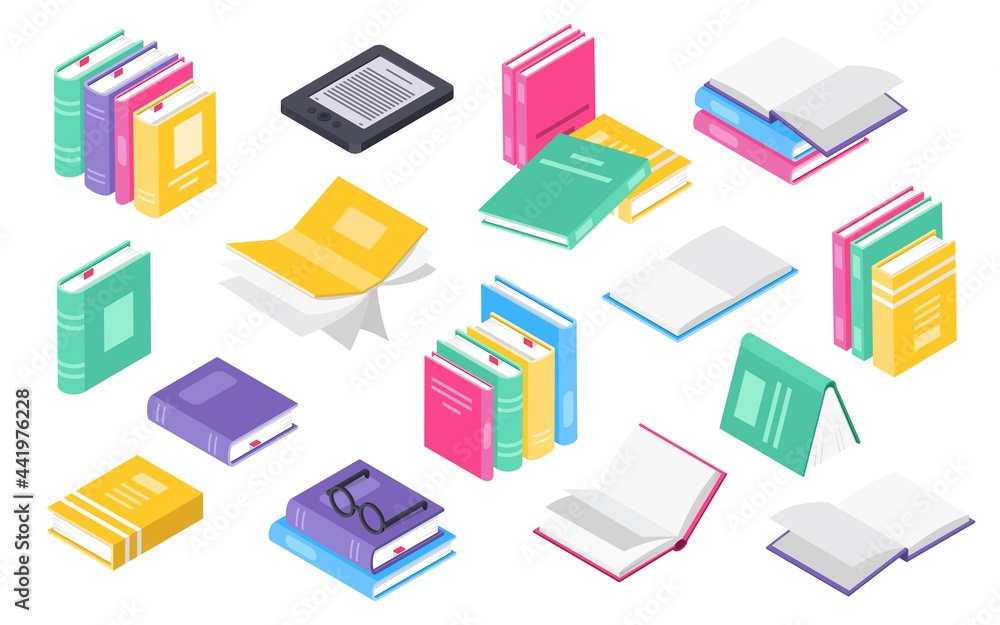 Isometric 3d book. Stacks or piles of books, open textbooks with bookmark, ebook. University library education literature icon vector set. Objects for learning or studying information