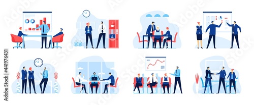 Office business meeting. Business team working in office. Conference, presentation, corporate training, brainstorming vector concept set. Colleagues having coffee break, cooperation