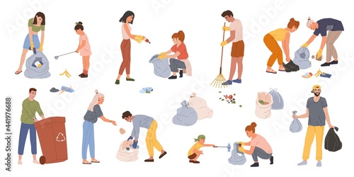 People collect trash. Men, women and kids gathering garbage in containers or bags. Volunteers collecting plastic waste together vector set. Young activists protecting environment, saving planet