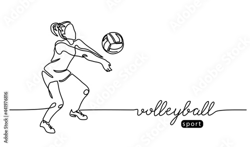 Volleyball player. Girl, woman abstract vector illustration, background, banner, poster. One line art drawing of volleyball player
