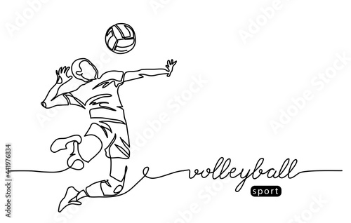 Volleyball player. Male jumps in attack. Playing volley simple vector background, banner, poster. One line drawing art illustration of volleyball player