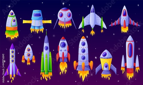 Cartoon spaceships. Futuristic rockets, spacecraft with space background. Colorful space aircraft, shuttle or vehicle toy for kids vector set. Universe exploration game futuristic objects