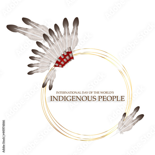International Day of the World's Indigenous People. August 9. National patterns, ribbons, feathers. Realistic vector