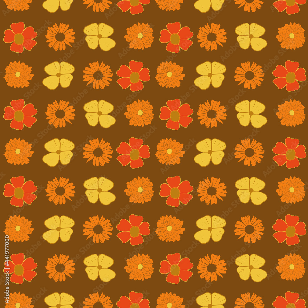 Yellow, orange and brown vintage flowers seamless background