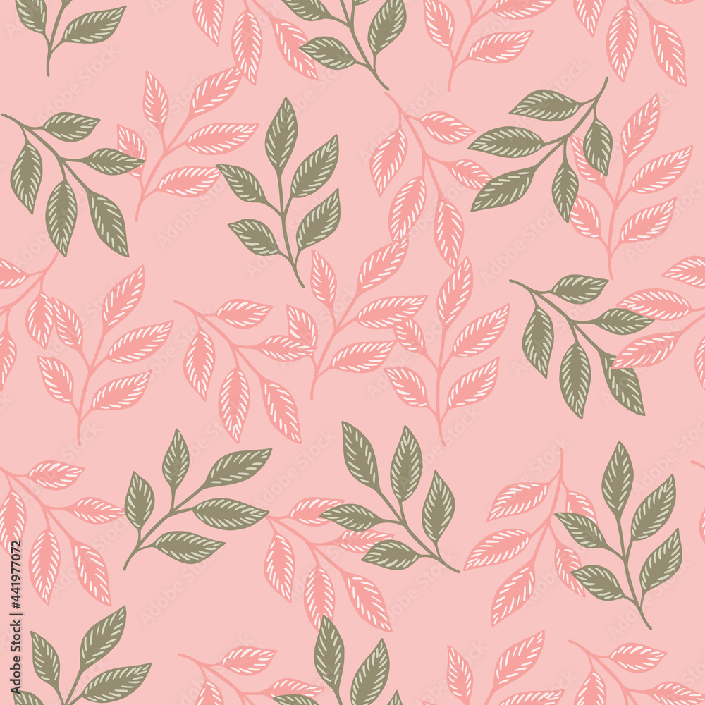 Fototapeta premium Spring seasonal seamless pattern with random leaf foliage shapes print. Pink background. Organic backdrop.