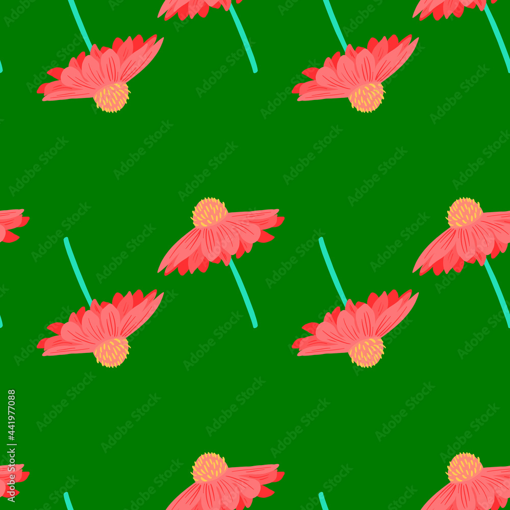 Pink bright gerbera flowers shapes seamless simple pattern. Green background. Floral print.