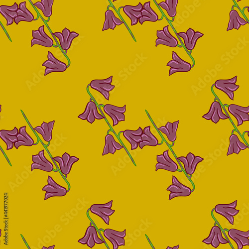 Hand drawn seamless pattern with purple diagonal bell flowers shapes. Yellow pale background. Simple style.