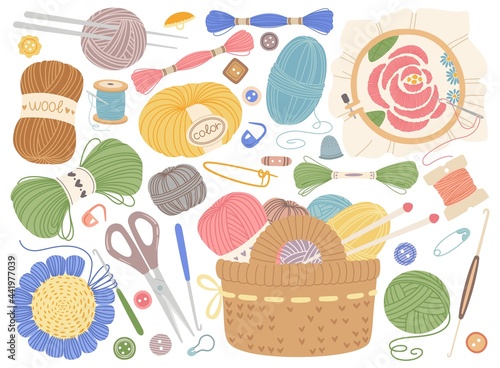 Knitting tools. Embroidery, sewing or crochet equipment. Wool yarns, knitting needles, buttons. Flat cartoon handicraft elements vector set. Basket with objects and colorful accessories