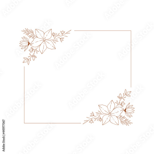 Hand drawn frame with floral composition. Fancy borders fro stationery design. Vector isolated illustration.