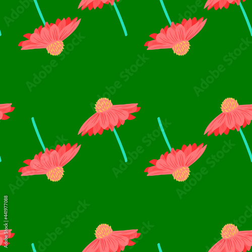 Pink bright gerbera flowers shapes seamless simple pattern. Green background. Floral print.