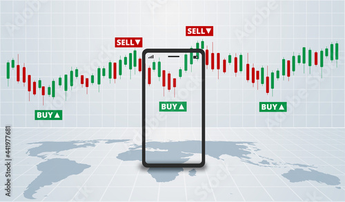 Stock Forex trading exchange of world trading online with smart phone. Buy and sell signals. White background. Vector.