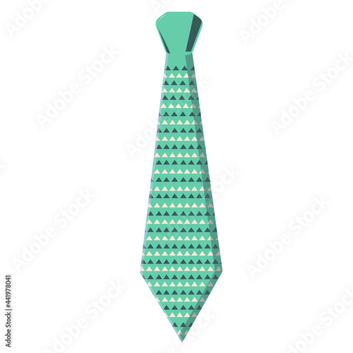 A green tie with white and dark green triangles.