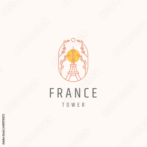 Eiffel tower paris france landmark with bloom flower line style logo icon design template vector