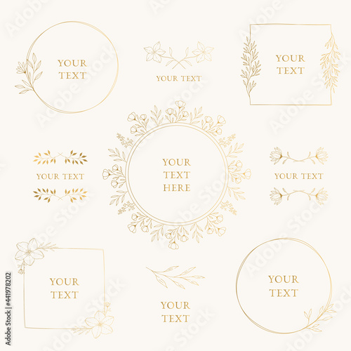 Elegant set of golden botanical frames. Wedding borders with plants, flowers, leaves, herbs. Vector isolated illustration.