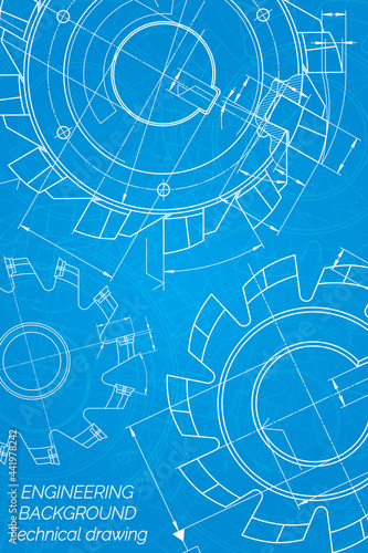 Mechanical engineering drawings on blue background. Cutting tools, milling cutter. Technical Design. Cover. Blueprint. Vector illustration.