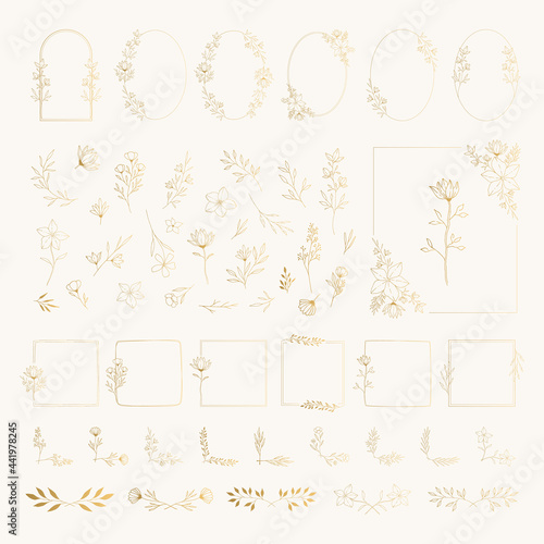 Big set of hand drawn botanical design elements. Vintage wedding flowers, frames, borders and corners. Vector gold illustration. 