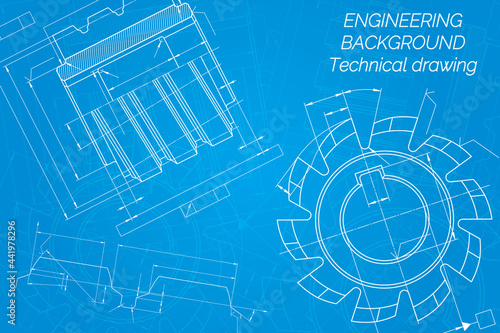 Mechanical engineering drawings on blue background. Cutting tools, milling cutter. Technical Design. Cover. Blueprint. Vector illustration.