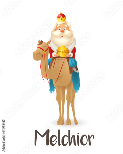 Wise man Melchior on camel celebrate Epiphany - vector illustration isolated on transparent background