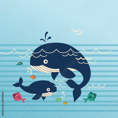 Mom and baby whale cute cartoon vector illustration