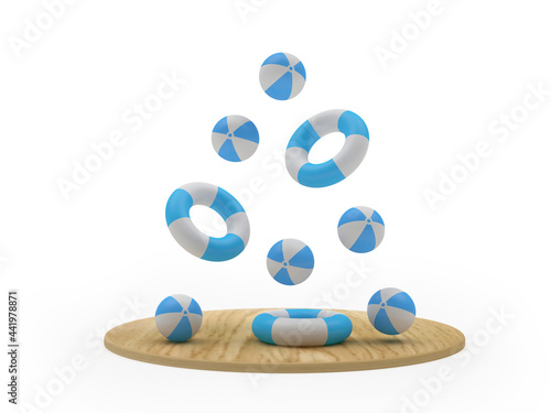 Lifebuoys and beach balls fall onto a wooden stand. 3d illustration  photo