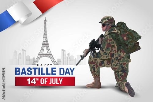 illustration of 14th of July background for Happy bastille day. a soldier with gun and flag. Vector illustration design.