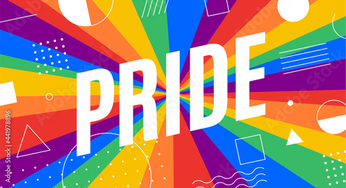 Pride, LGBT flag. Poster, banner or Rainbow flag of LGBT. Colorful rainbow lgbt flag for pride. Print for t-shirt of rainbow six colors flag with text Pride on background. Vector Illustration