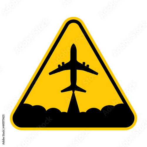 Chemtrails warning sign. Vector illustration of yellow triangle sign with flying plane crossing sky. Caution air pollution. Passenger airplane leaving trail of steam behind. Air transport concept.