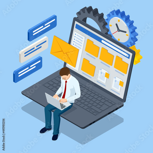 Isometric file in database concept. Businessman working reading documents graph financial to job succes. Cloud data storage and remote data access