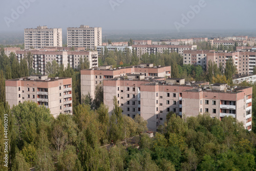 Houses in abandoned ghost town Pripyat, post apocalyptic city