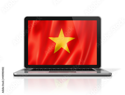 Fototapeta Naklejka Na Ścianę i Meble -  Vietnamese flag on laptop screen isolated on white. 3D illustration