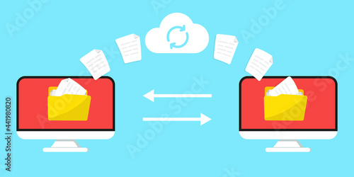 File Transfer. Remote loading Files and Folders. Two laptop computer exchanging data. Exchange Data with cloud technology. Files transferred encrypted form. Data encryption, protected connection