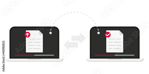 Files transfer. Transfer file of data between devices. Transmission of documents between two computer. Backup of information. Exchange Data. Send of document. Data encryption, protected connection