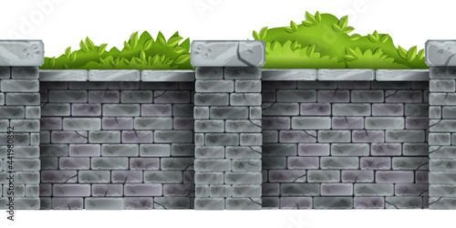 Brick vector fence seamless border, gray stone garden barrier, green leaf, bushes isolated on white. Architecture exterior design element, outdoor street object. Brick fence texture background