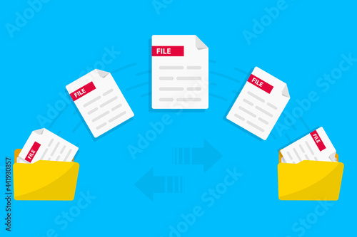 Transfer file. Data exchange. Folders with paper files. File sharing, Copy. Transmission of documents. Remote loading Files and Folders. Data encryption, protected connection. Vector illustration
