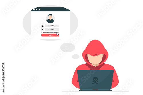 Hacker with laptop stealing user login. Hacker sitting at the desktop and hacking user personal data. Hacker attack and web security