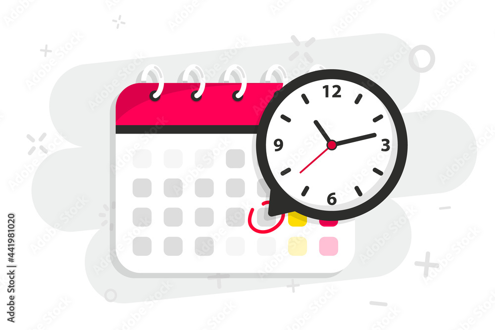 Calendar icon with clock. Icon notice message with clock, agenda symbol with selected important day. Time appointment, reminder date concept, time management. Calendar deadline. Business concept - obrazy, fototapety, plakaty 