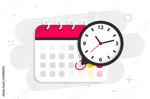 Calendar icon with clock. Icon notice message with clock, agenda symbol with selected important day. Time appointment, reminder date concept, time management. Calendar deadline. Business concept