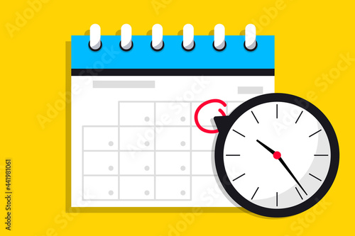 Calendar icon with clock. Icon notice message with clock, agenda symbol with selected important day. Time appointment, reminder date concept, time management. Calendar deadline. Business concept photo