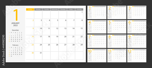 Calendar 2022 week start Sunday corporate design planner template.