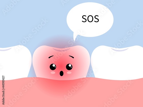 Cute tooth in pain. Toothache concept. Vector flat illustration