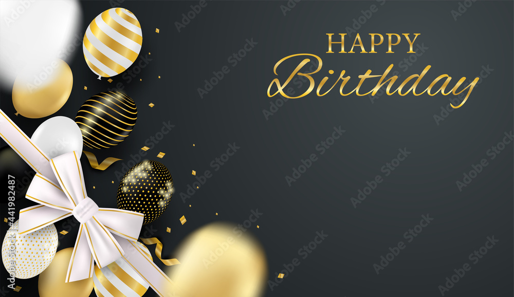 Happy Birthday celebration card. Design with black, white, gold balloons and gold foil confetti. luxury black background. vector.