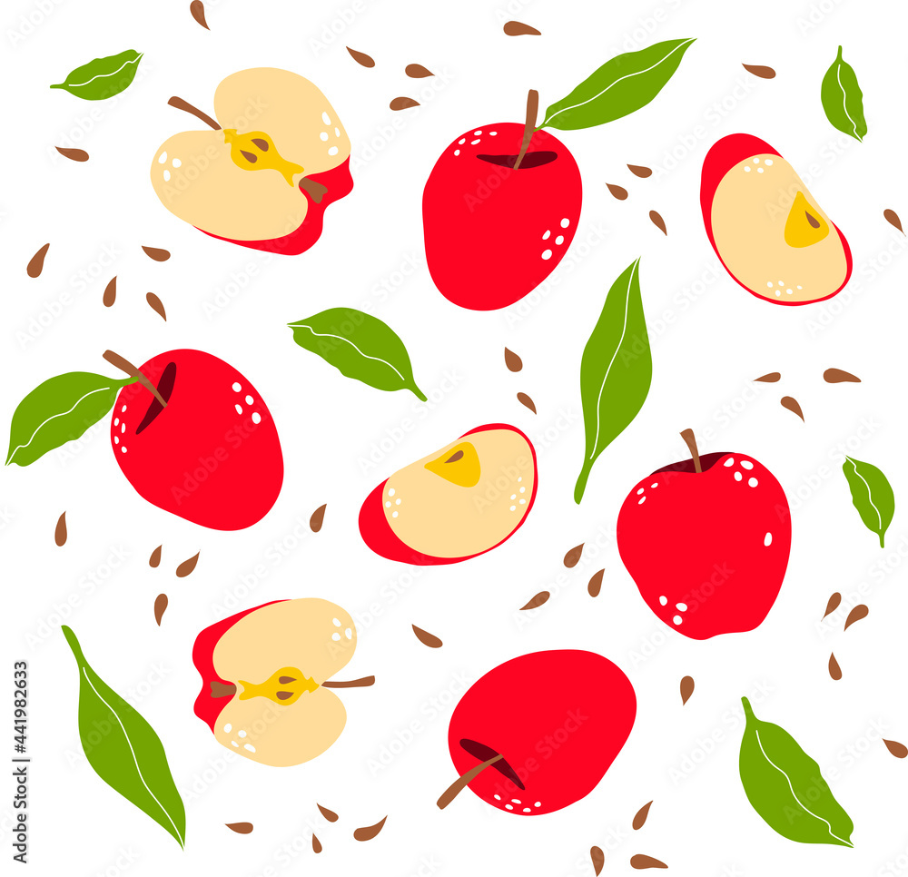 Red apples, apple slices, seeds and leaves on a white background. Vector drawing. Red apples, apple slices, seeds and leaves on a white background. Vector drawing.