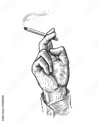 Hand holding a burning cigarette. Smoking tobacco in vintage engraving style