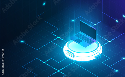 Futuristic laptop on reactor for power connection. Complementary theme concept background.vector and illustration