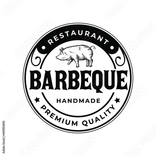 Vintage Barbeque Pig Restaurant Rustic Stamp Logo Vector Illustration Template Icon Design
