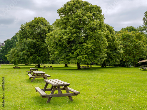 Fototapeta Naklejka Na Ścianę i Meble -  Wooden picnic tables in a field in a park
