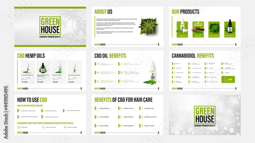 CBD oil products presentation templates with infographic elements.